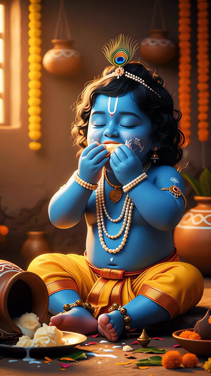 Baby Krishna Divine Joyful Feast With Peacock Feather And Marigold