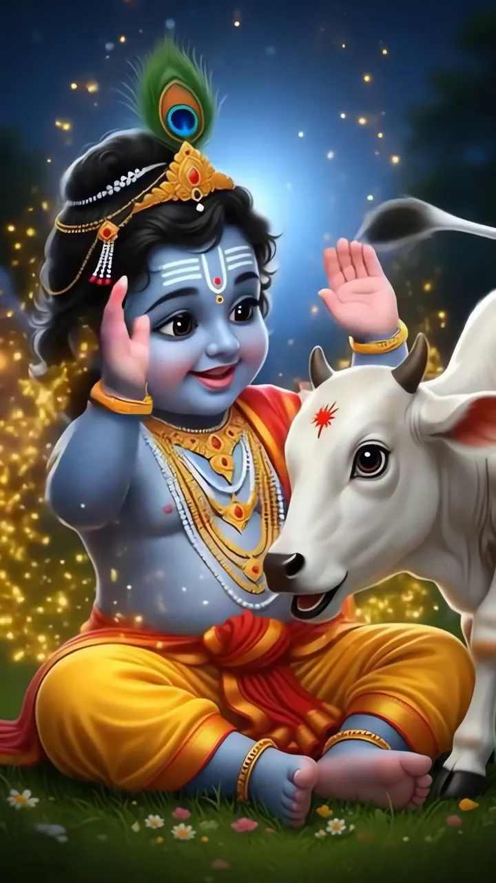 Baby Krishna With Cow In Magical Starry Night Scene