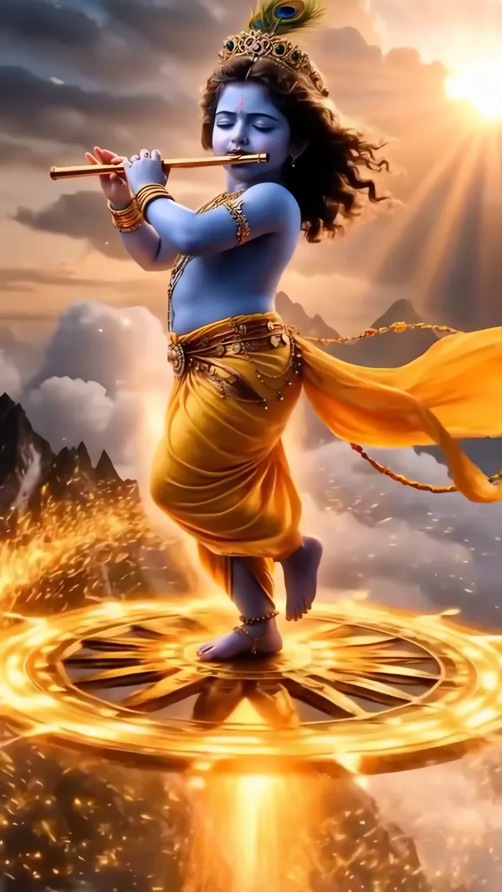 Lord Krishna Playing Flute On Golden Lotus With Sunburst