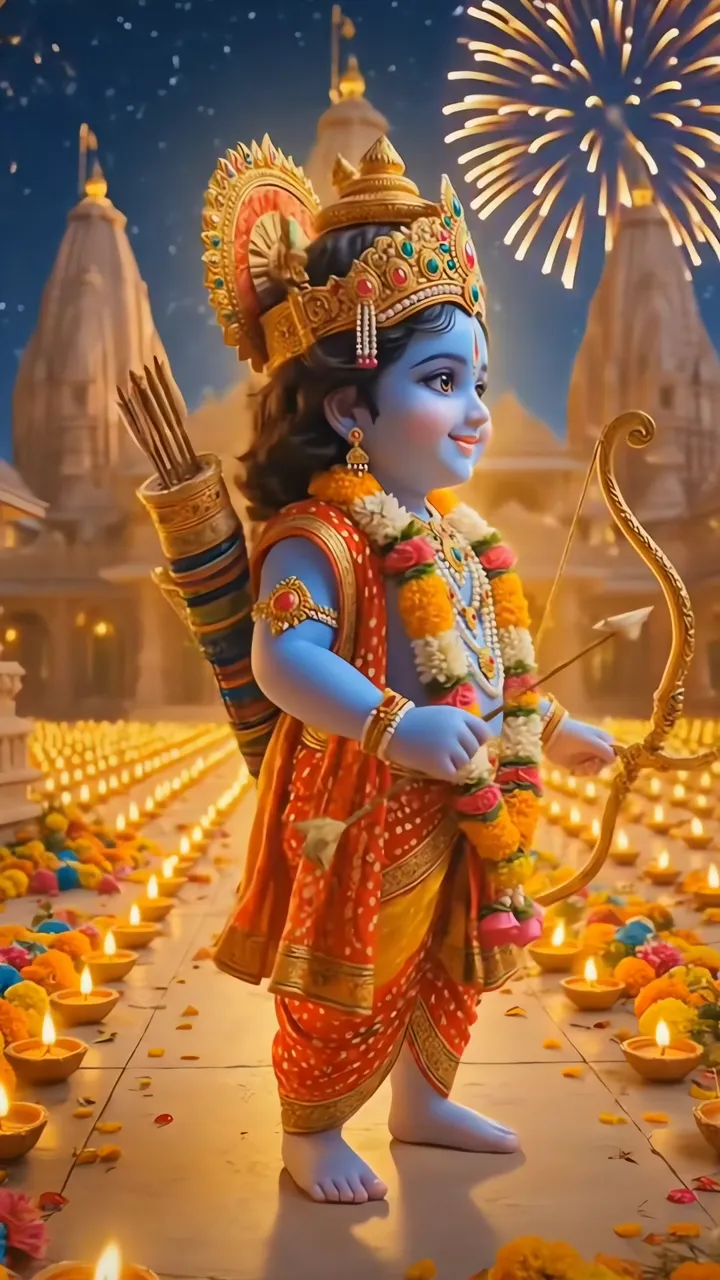 Bal Ram Ji Divine Cute Look With Bow And Fireworks