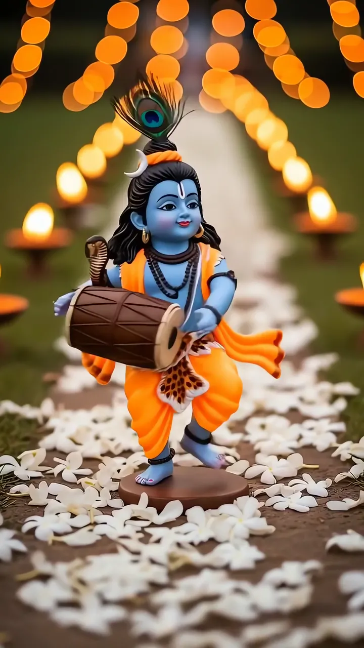 Blue Skinned Krishna Dancing With Damaru And Peacock Feather
