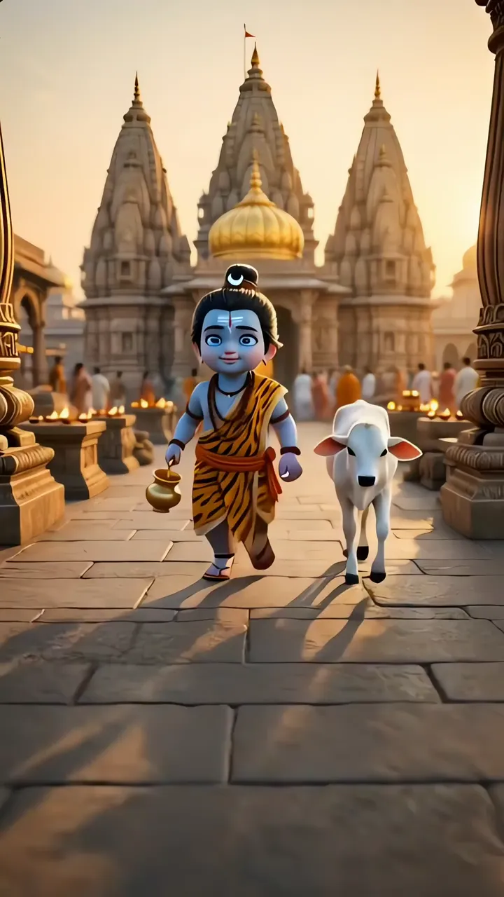 Child Shiva With Cow Walking Through Temple Courtyard