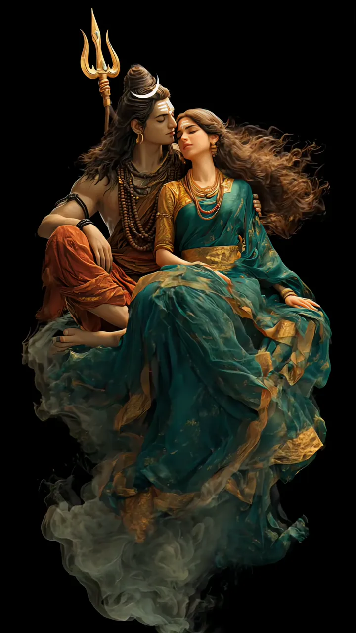 Shiva And Parvati Devotional Embrace With Trishul And Smoke