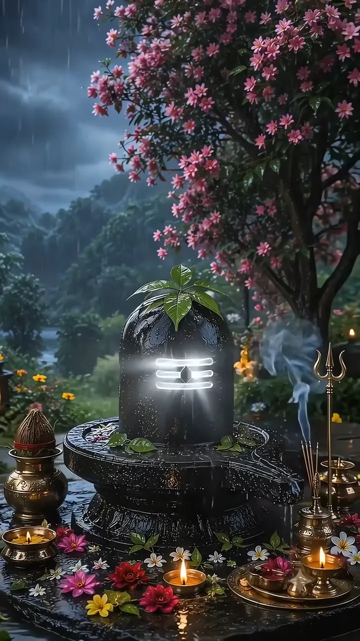 Shiva Lingam With Trishul And Rainy Temple Scene
