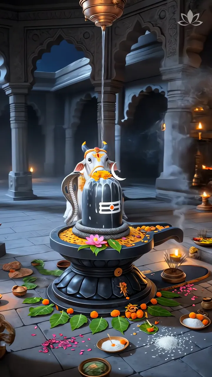 Shiva Lingam Sacred Temple Ritual With Offering And Smoke