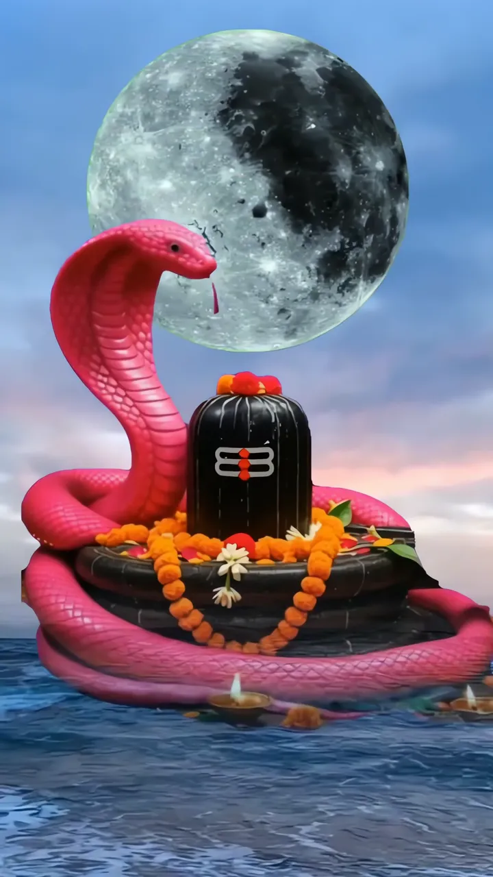 Pink Cobra Snake Around Shiva Lingam With Full Moon