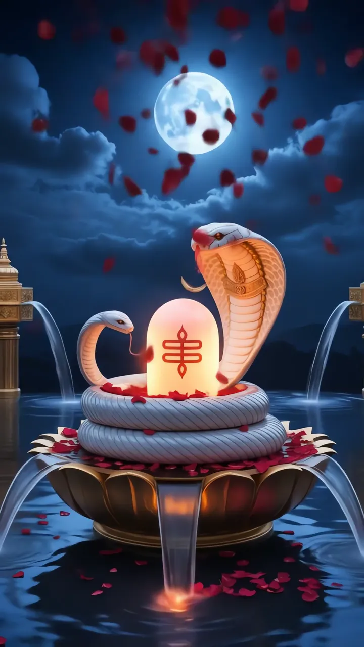 Sacred Cobra With Trishul Symbol Moonlit Fountain