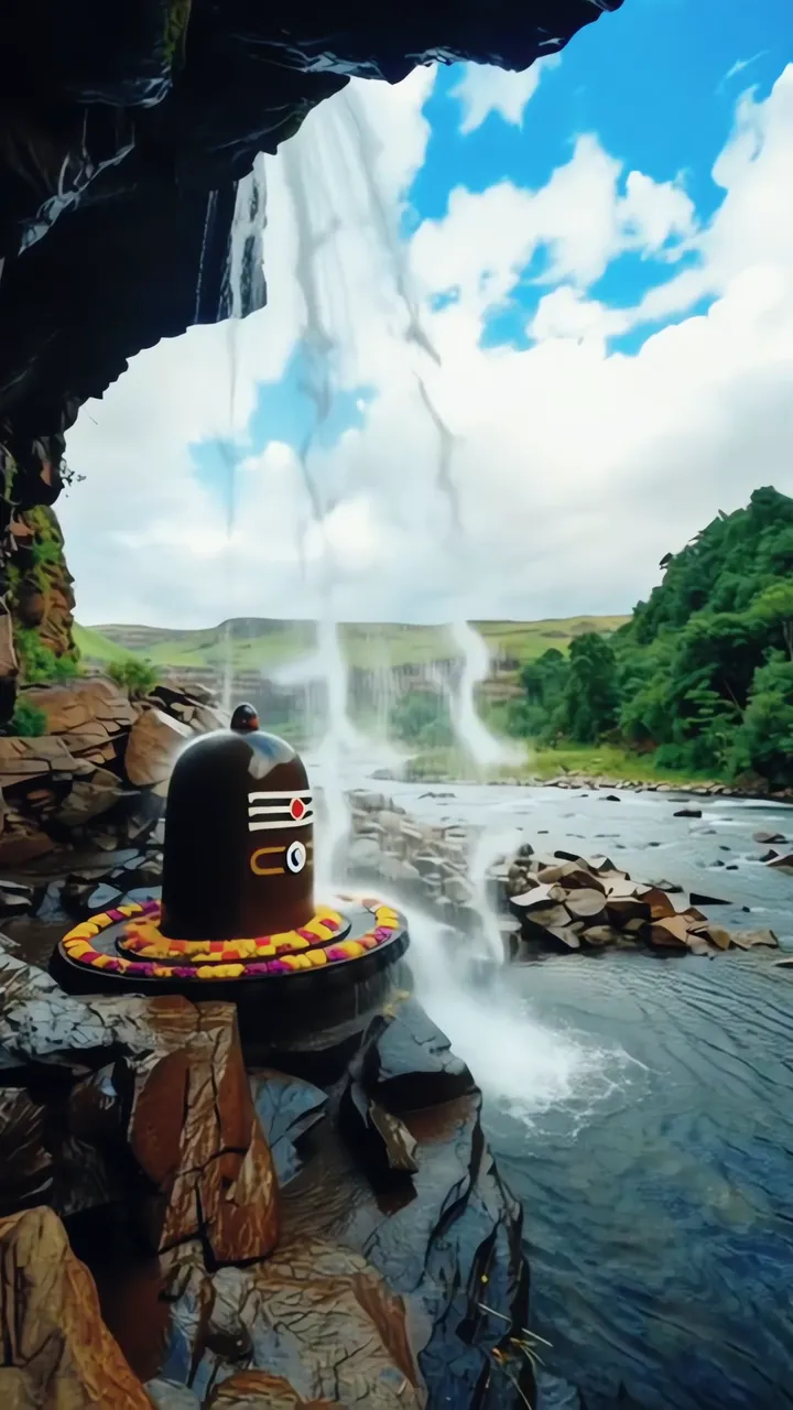 Shiva Lingam Sacred Waterfall Temple Scene