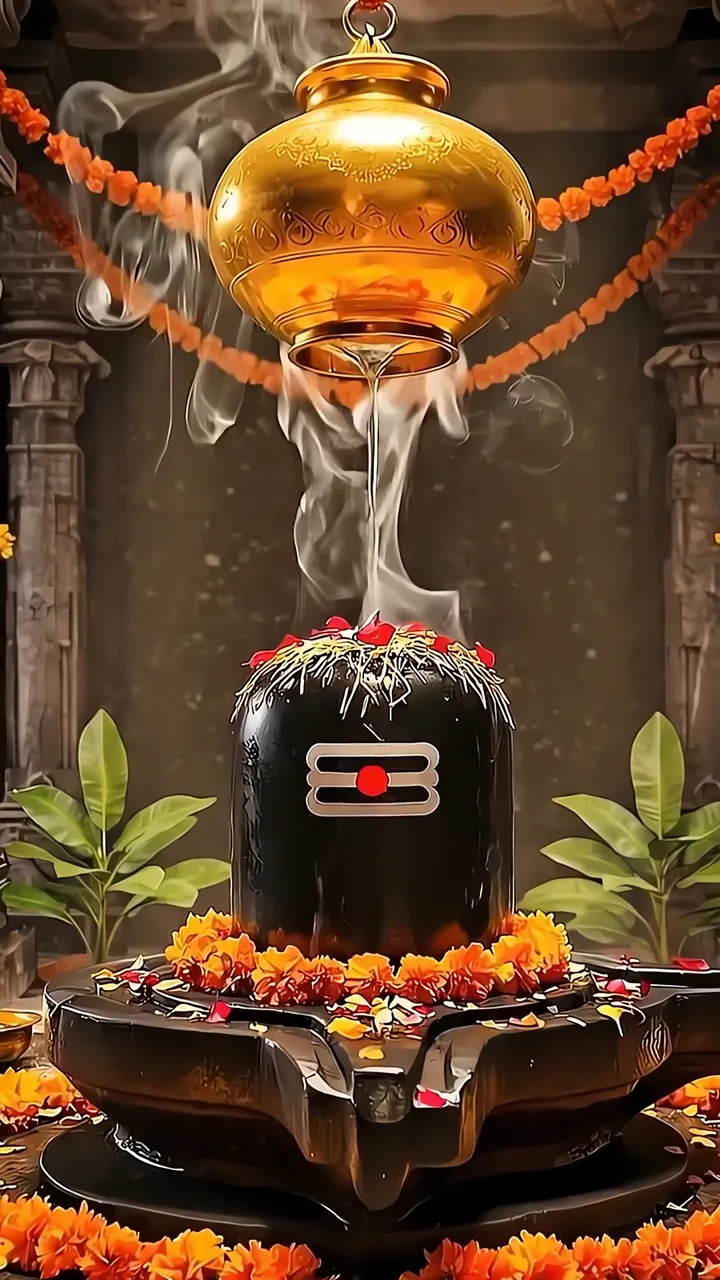Shiva Lingam Devotional Ritual With Smoke And Marigold
