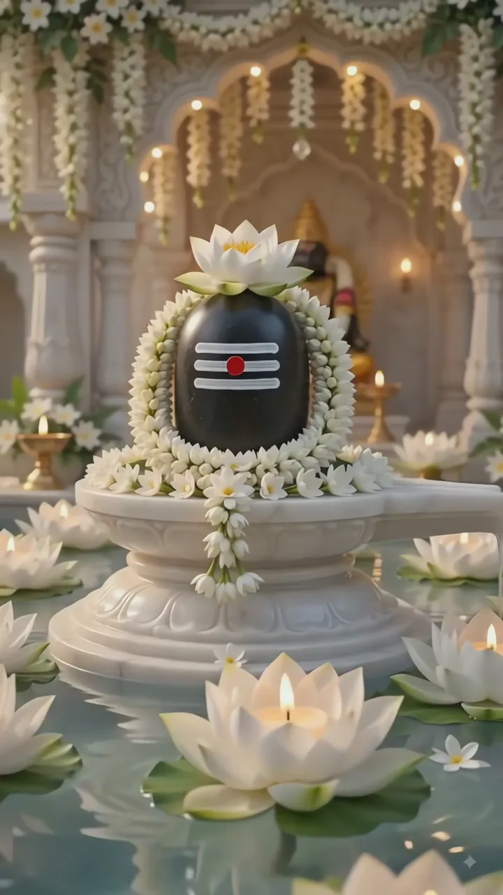 Shiva Lingam Sacred Temple With White Lotus And Candles