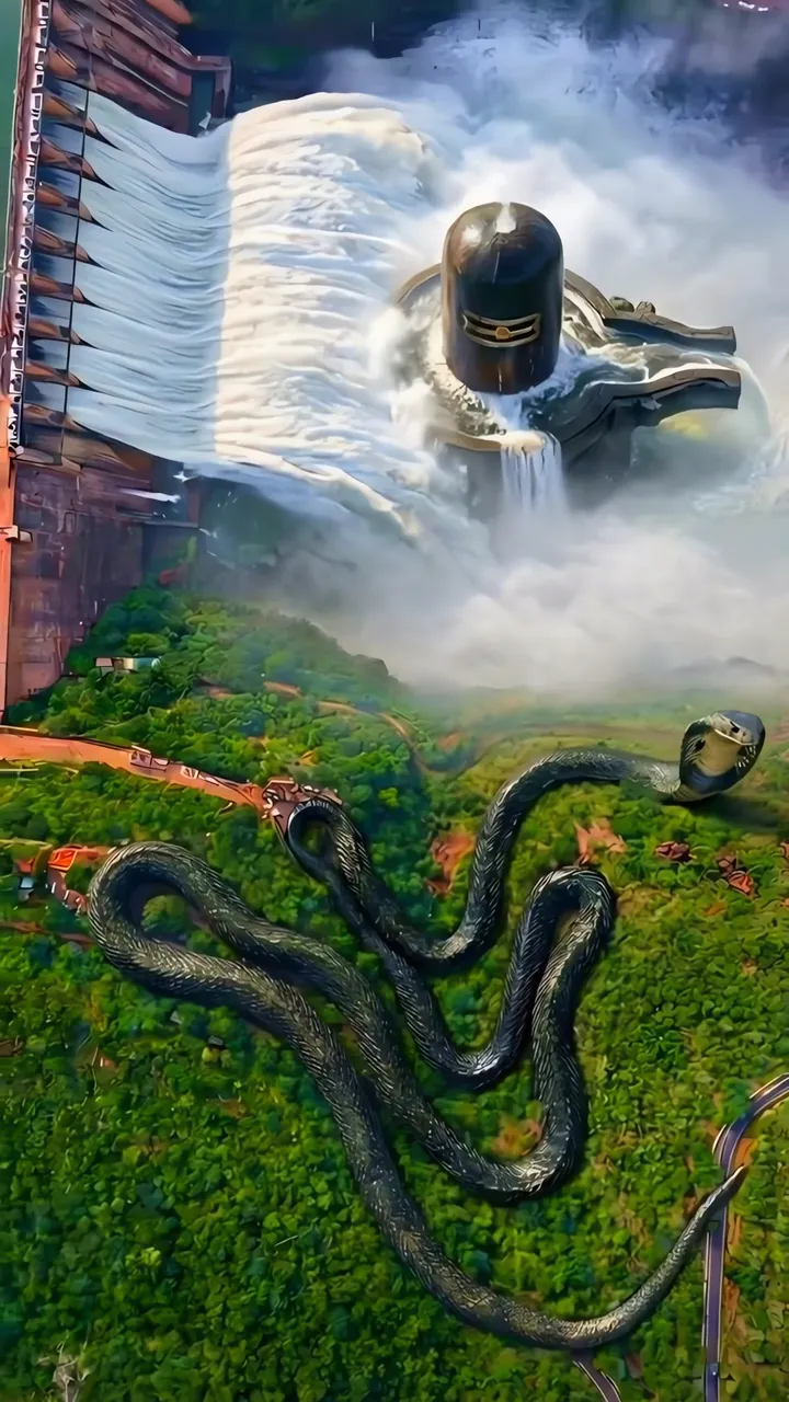 Shiva Lingam With Naga Serpent And Waterfall