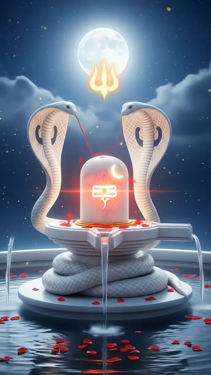 Shiva Lingam With Cobra And Full Moon Night Scene