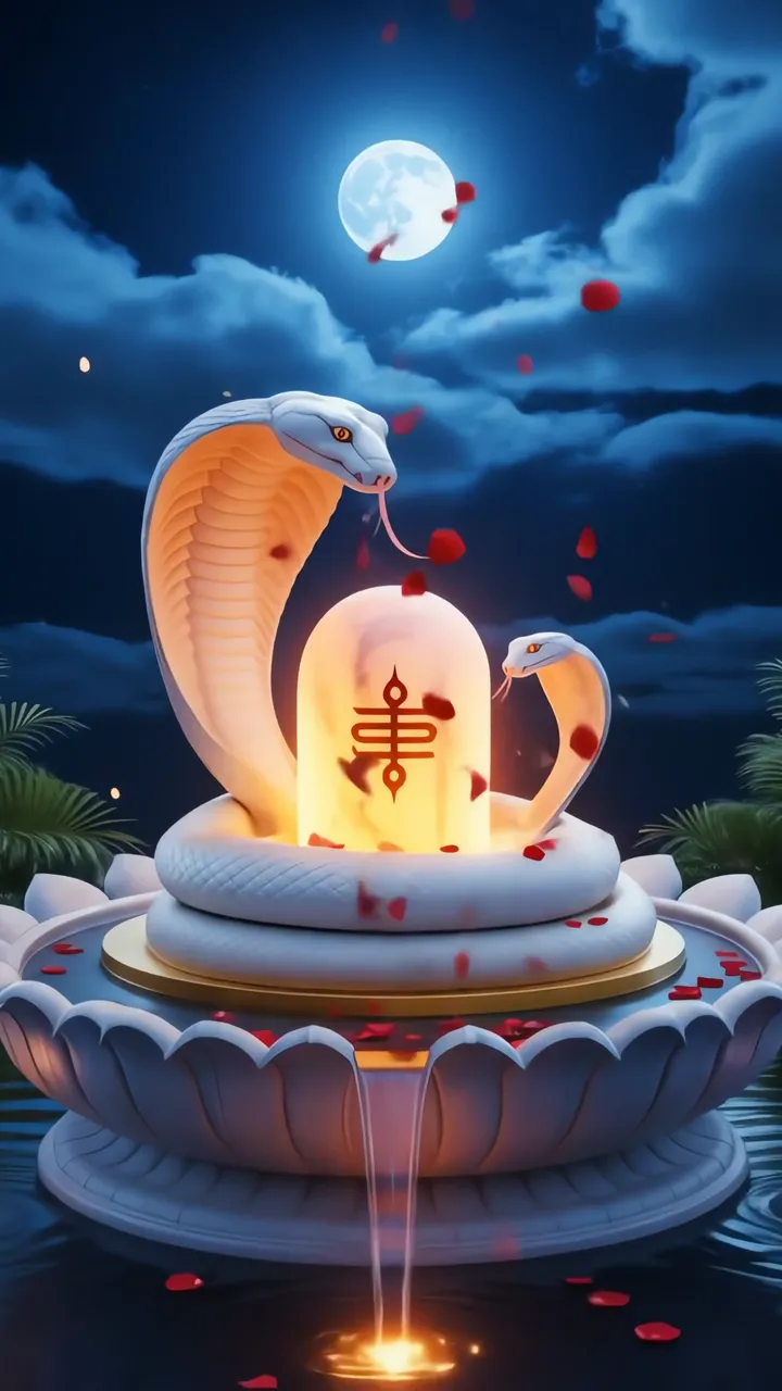 White Cobra With Shiva Lingam And Moonlit Lotus Fountain