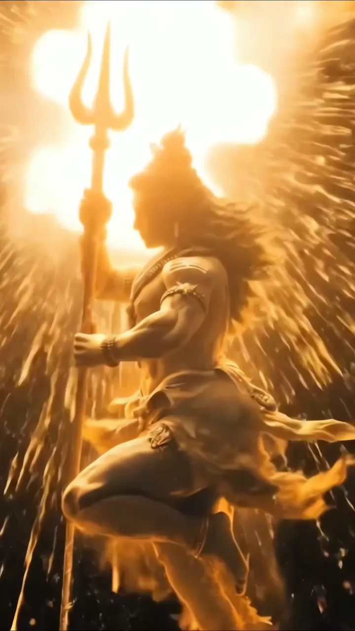 Shiva With Trishul In Divine Golden Fire Aura