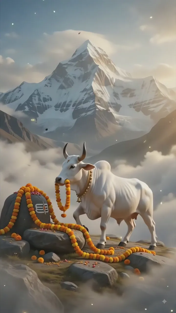 Sacred White Bull Nandi With Marigold Garland And Snow Peak Mountain