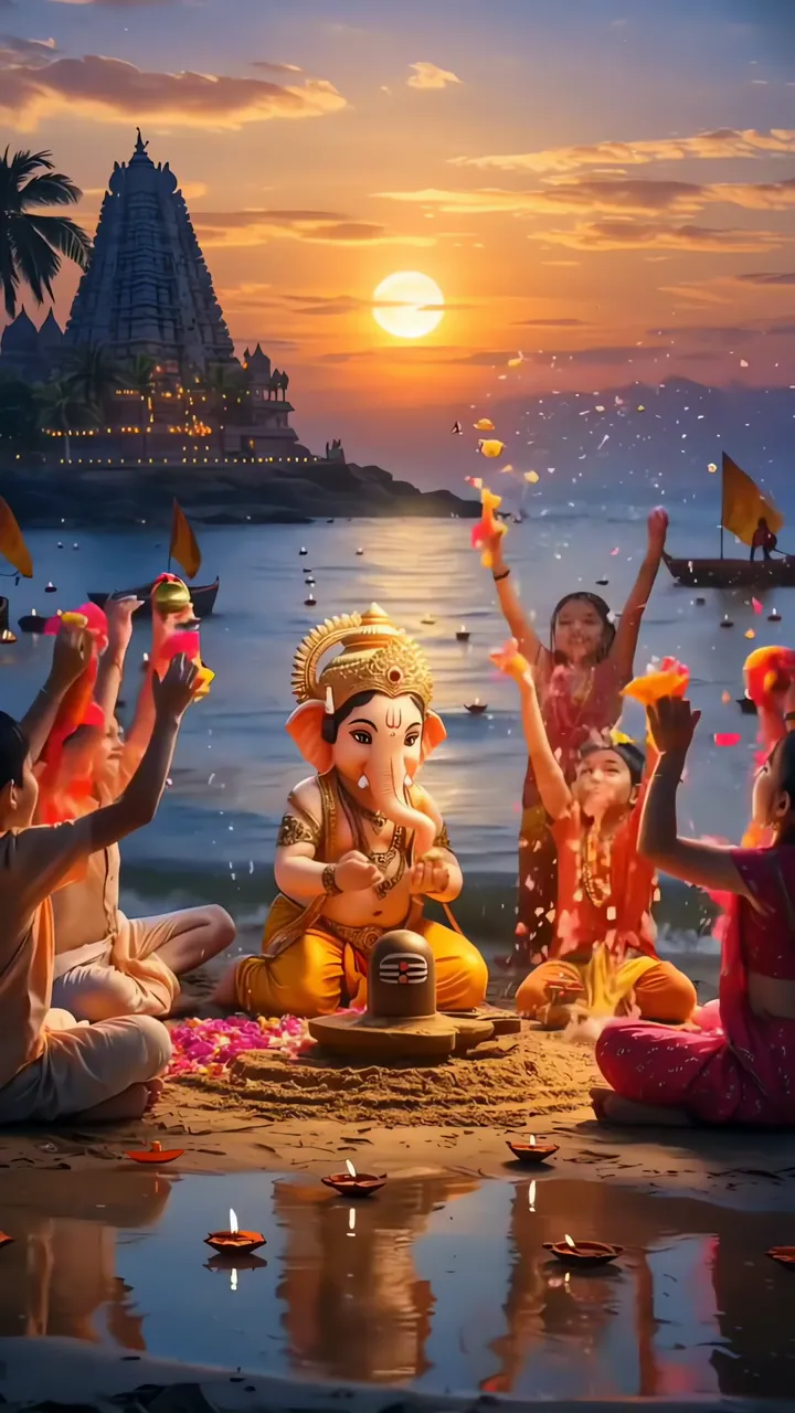 Ganesha Devotional Beach Sunset With Flower Offering
