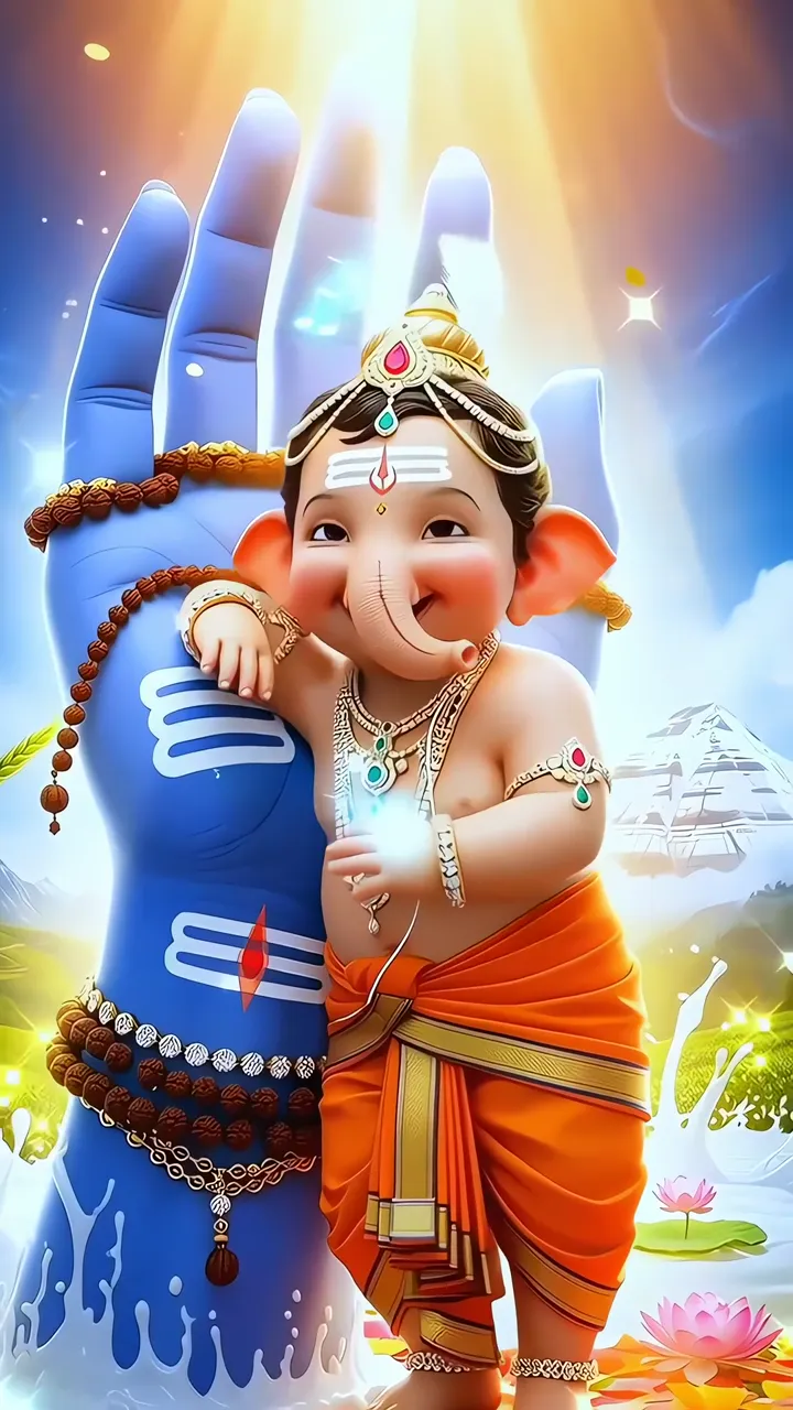 Baby Ganesha With Sacred Hand And Lotus Pond