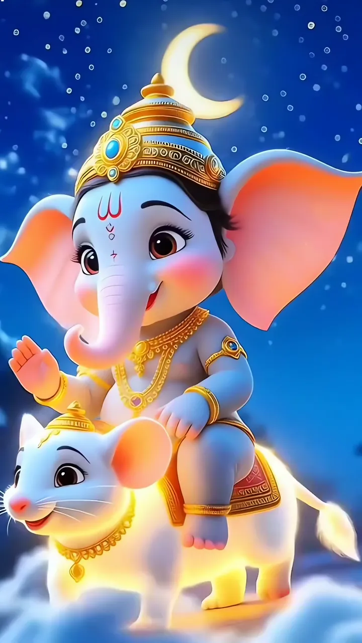 Cute Ganesha With Mouse Riding Clouds Night Scene