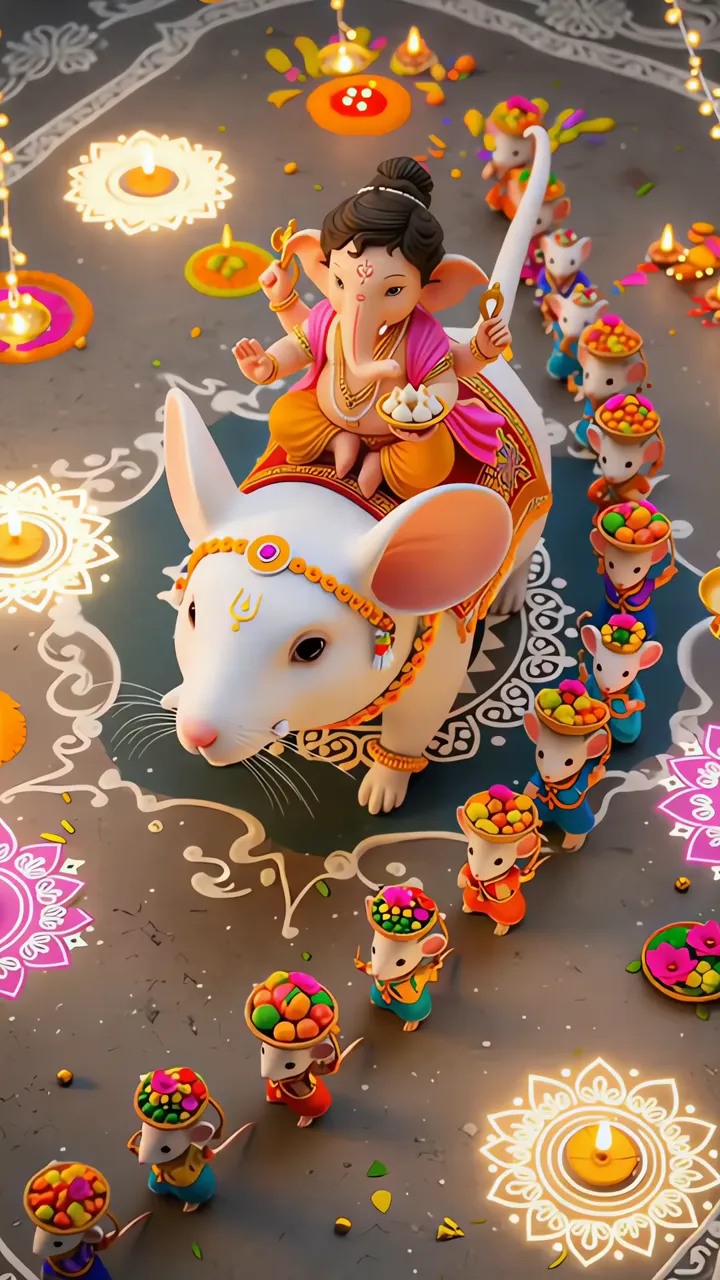 Ganesha Riding Mouse With Diwali Festival Lights