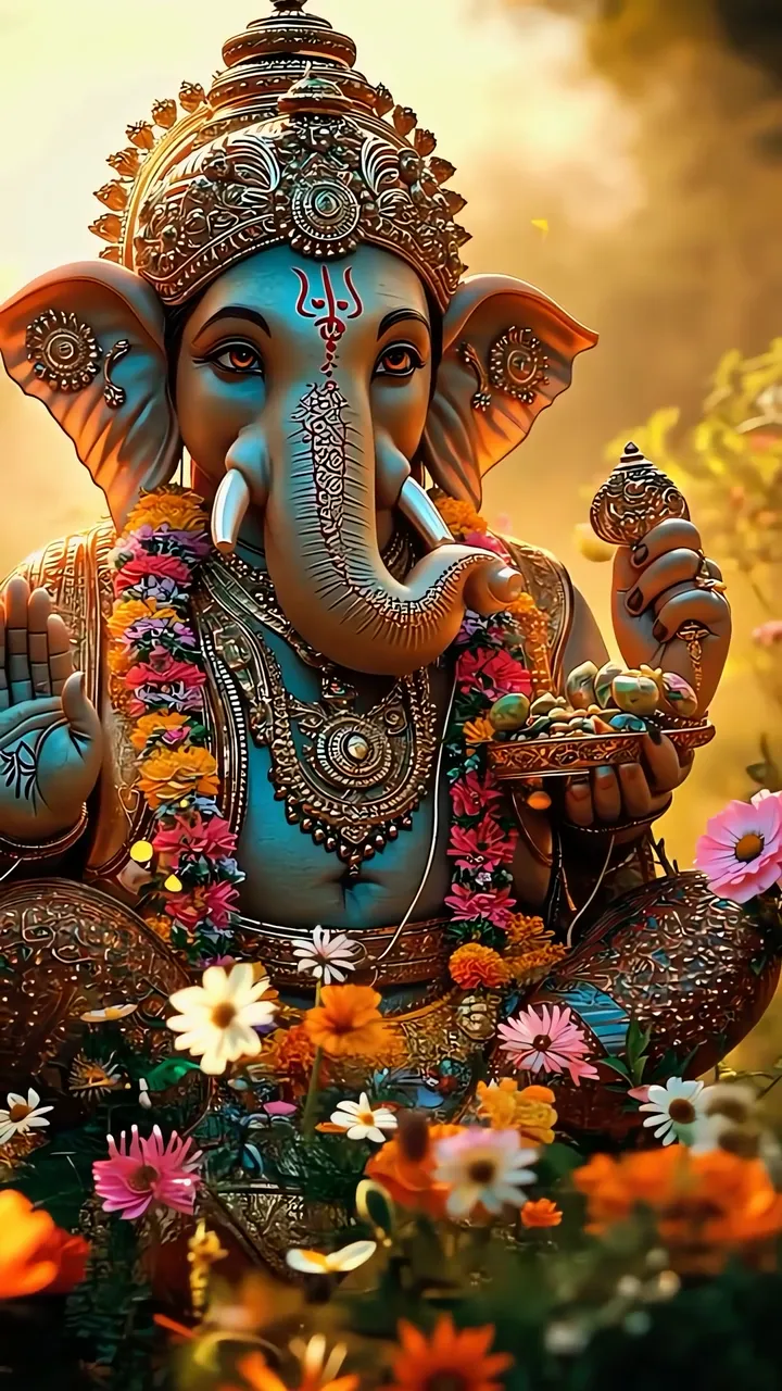 Ganpati Bappa Morya Divine Gajanan With Flower Garland