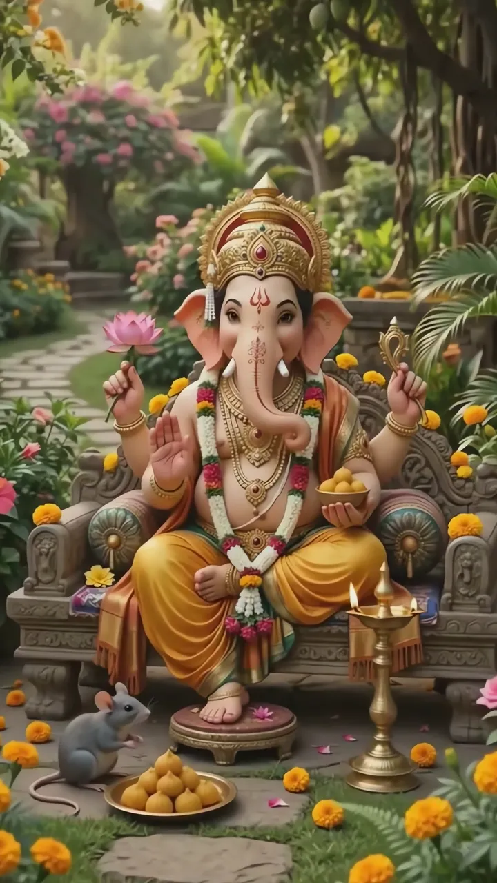 Ganesha With Mouse And Lotus In Garden