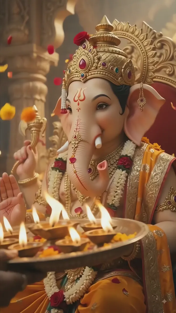 Ganesha With Golden Crown And Diya Flame Offering