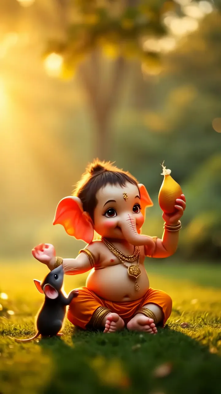 Cute Baby Ganesha With Mouse Holding Mango In Forest