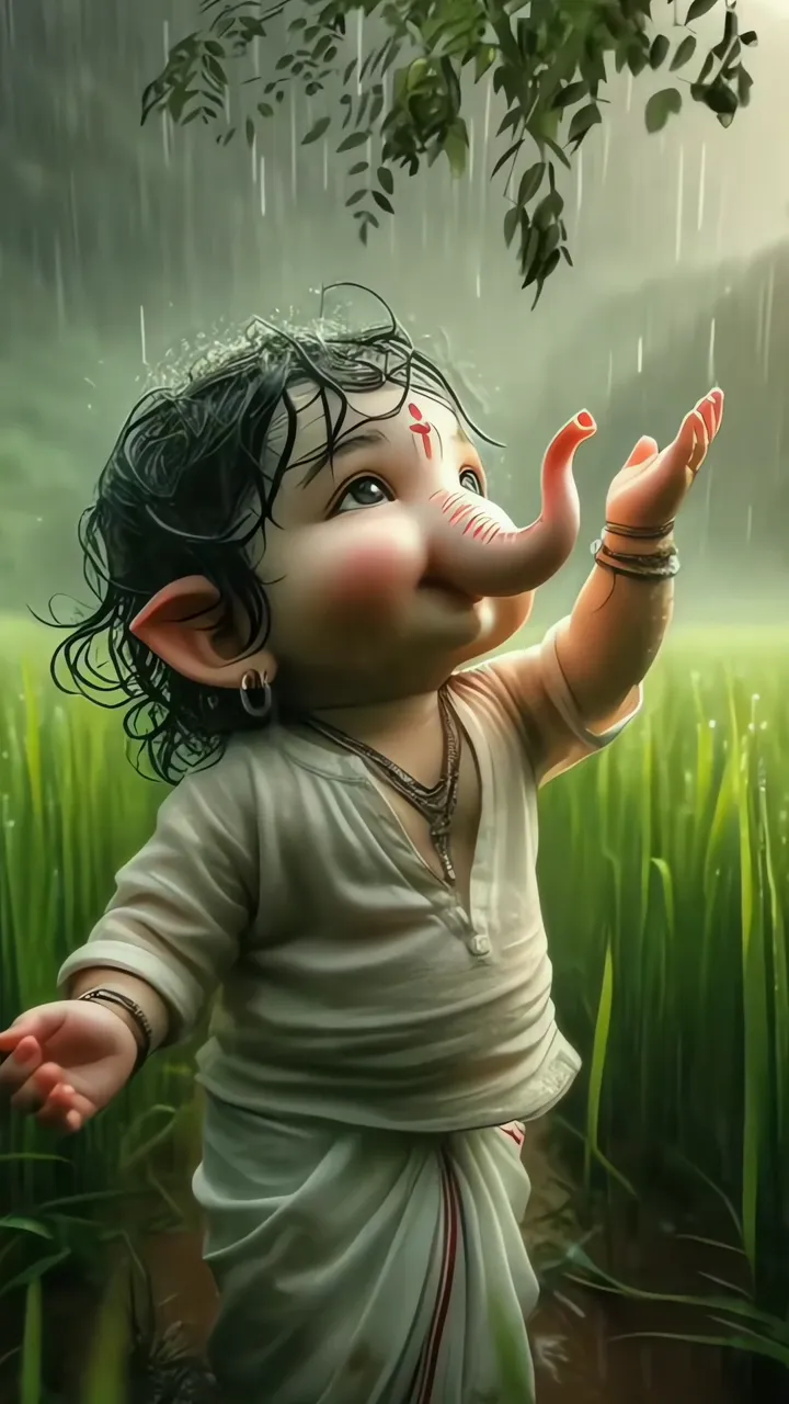 Cute Ganpati Bappa Morya Rainy Field Scene