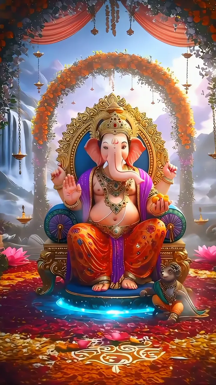 Ganesha With Mouse And Lotus Throne Divine Scene