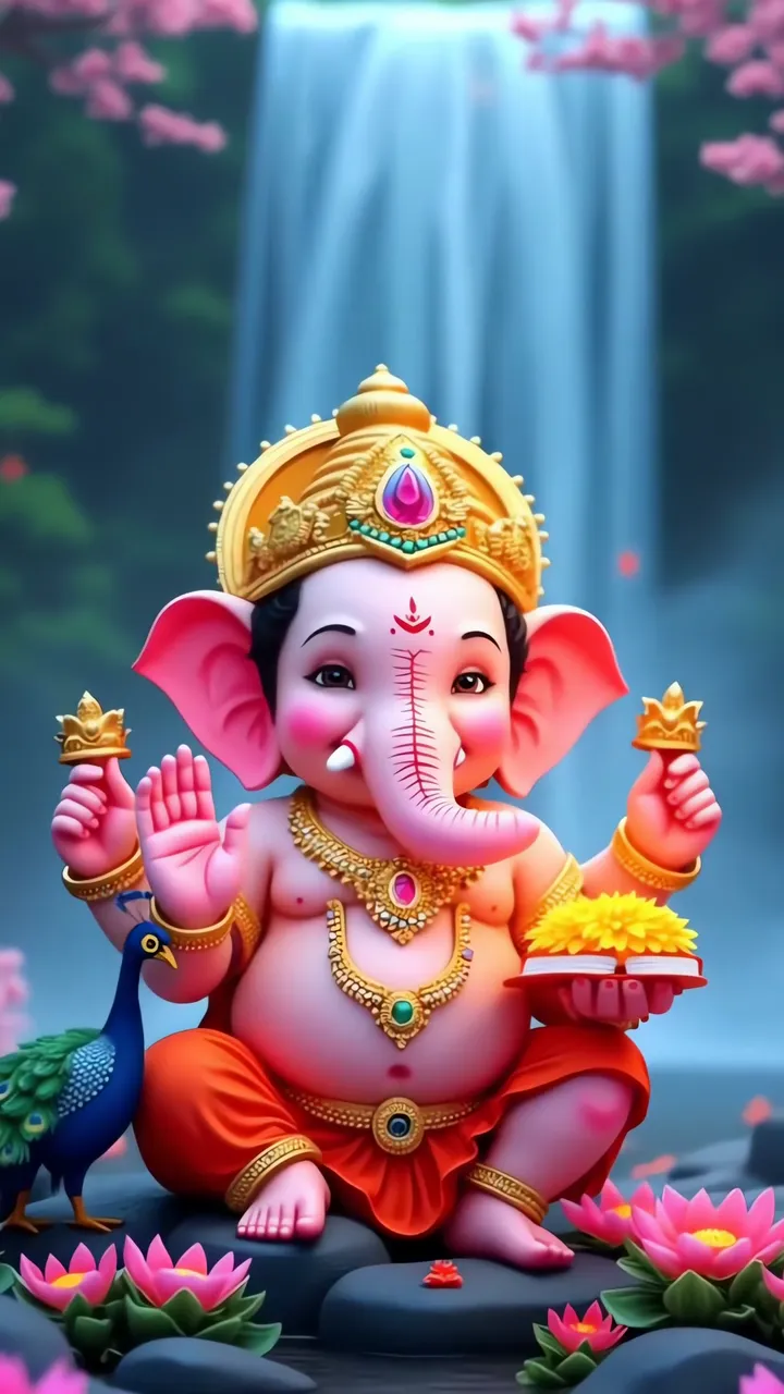 Cute Ganesha With Peacock And Lotus Near Waterfall