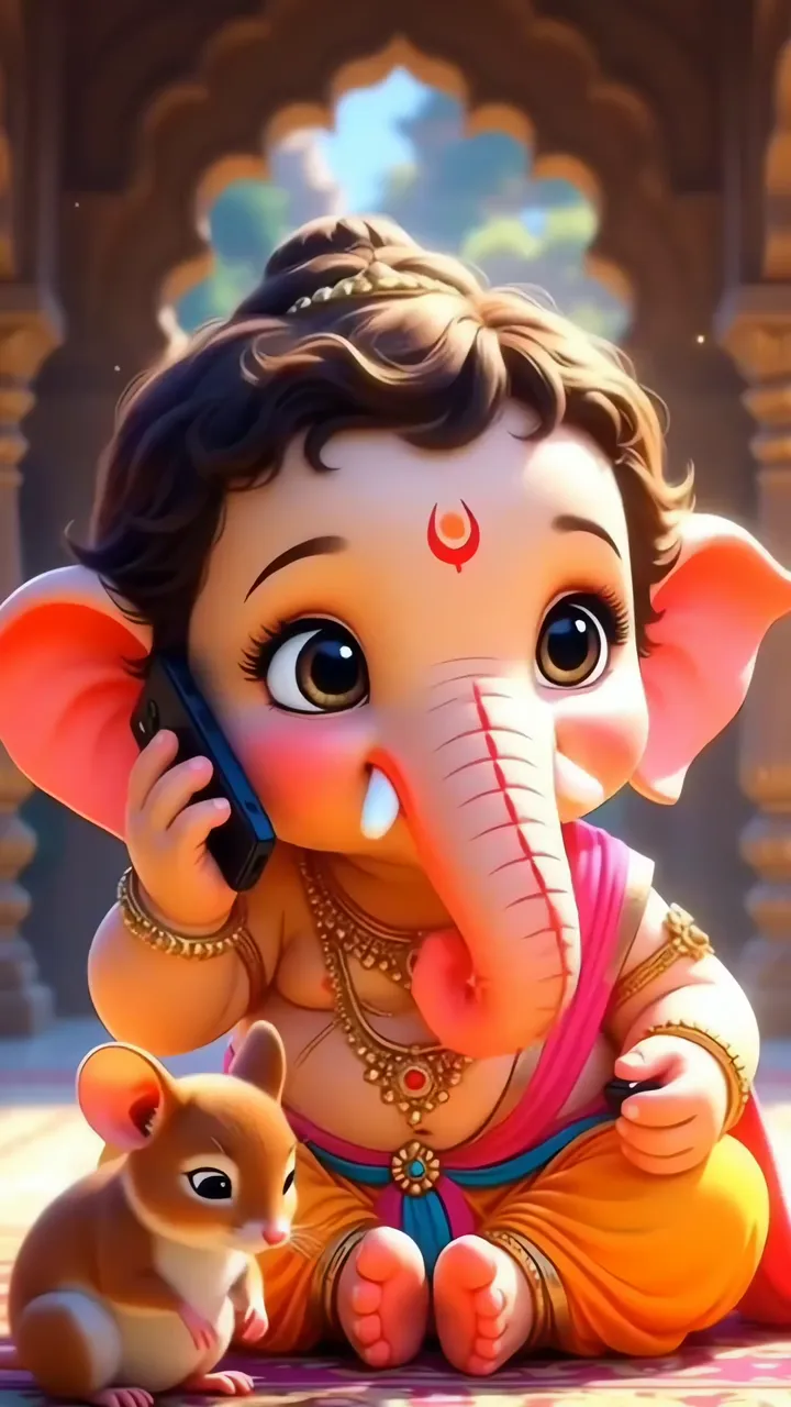 Cute Baby Ganesha Talking On Phone With Mouse