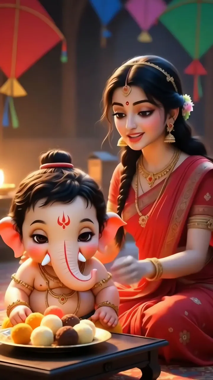 Cute Baby Ganesha With Mother Offering Modak Ganesh Chaturthi