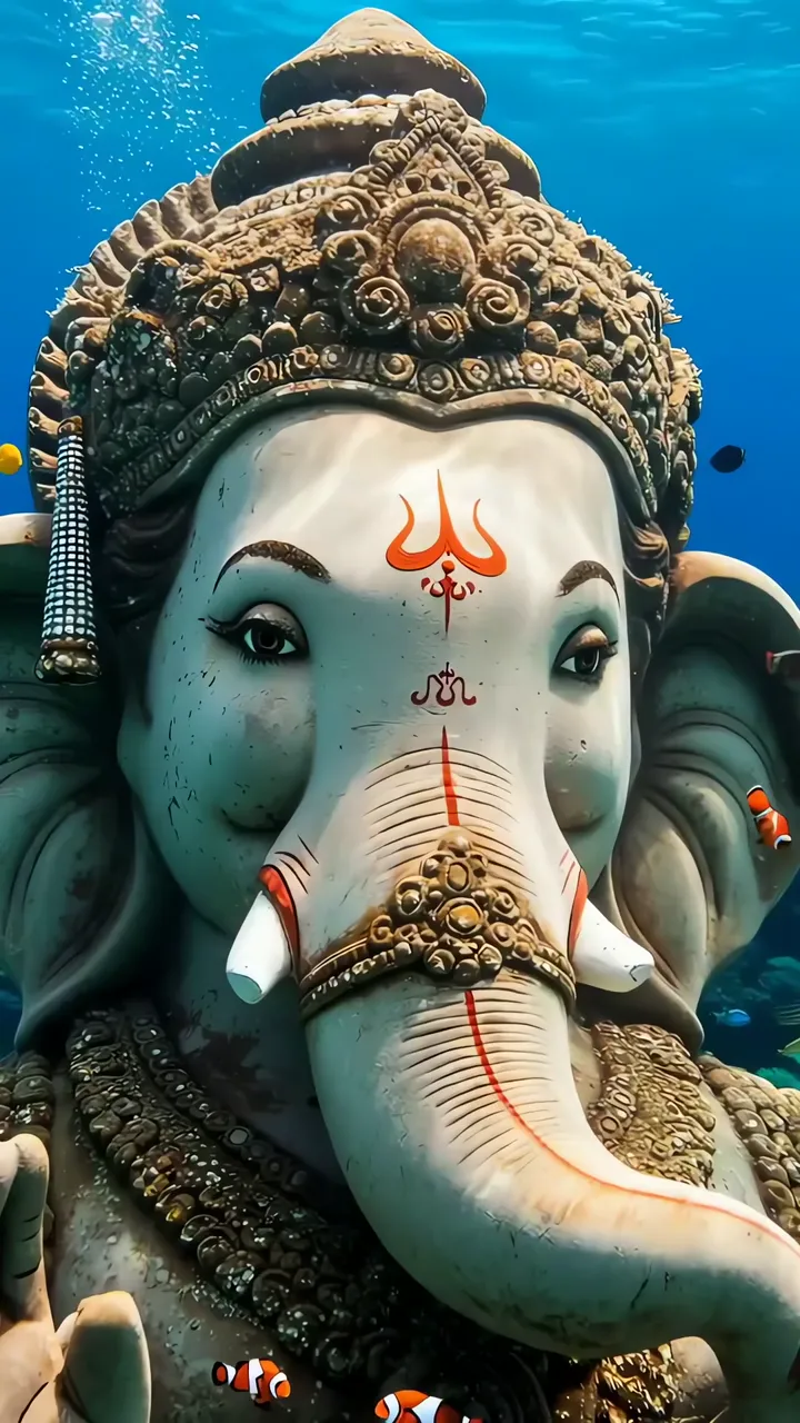 Ganesha Underwater Temple Scene With Clownfish And Coral