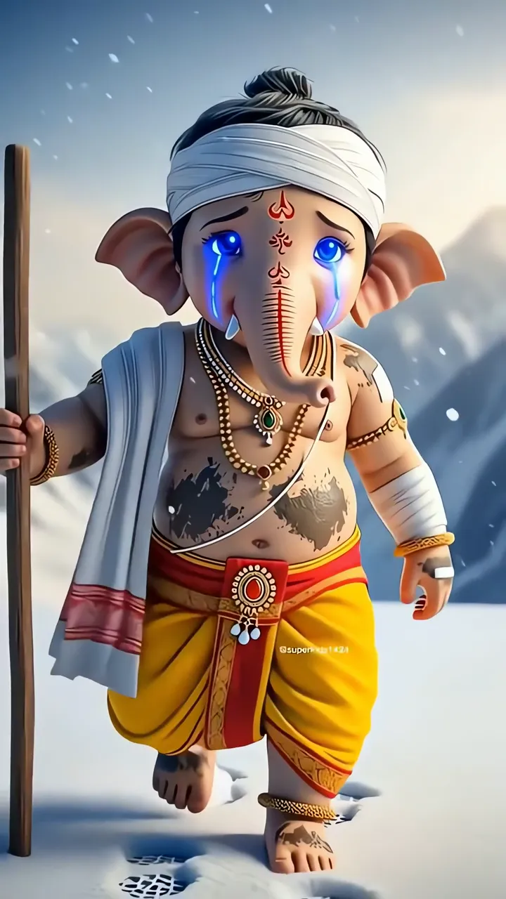 Cute Baby Ganesha Walking In Snow With Blue Eyes