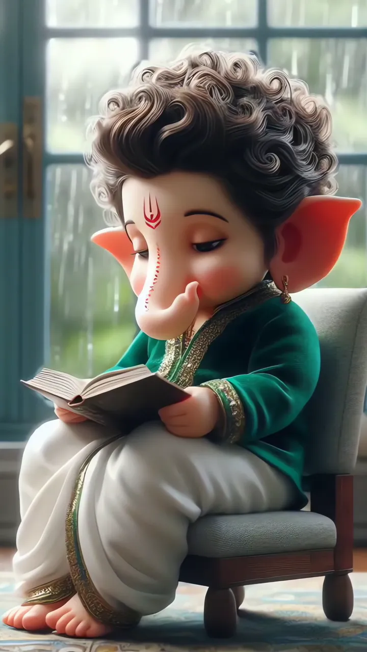 Cute Baby Ganesha Reading Book In Green Kurta