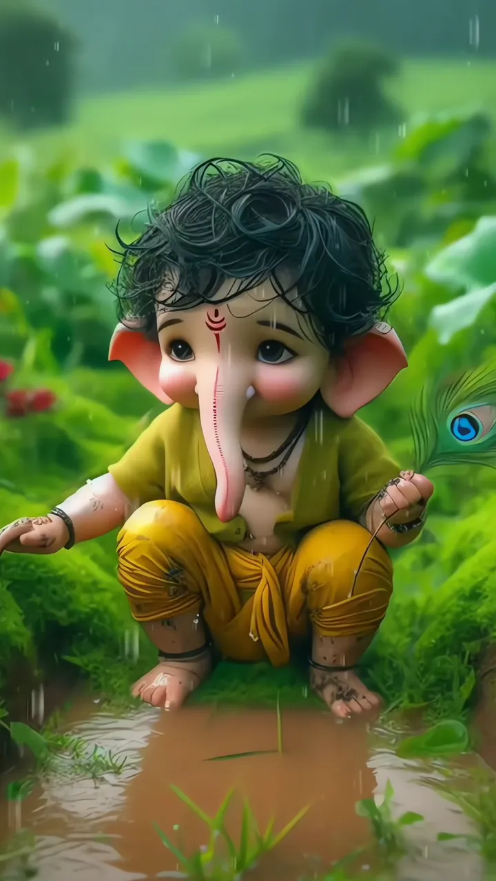 Cute Baby Ganesh In Rainy Field With Peacock Feather