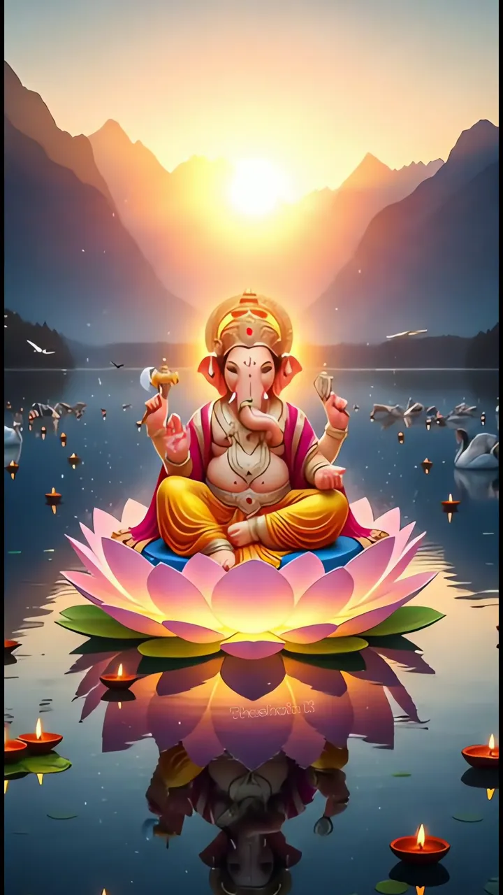 Ganesha Meditation On Lotus With Sunset And Diwali Candles