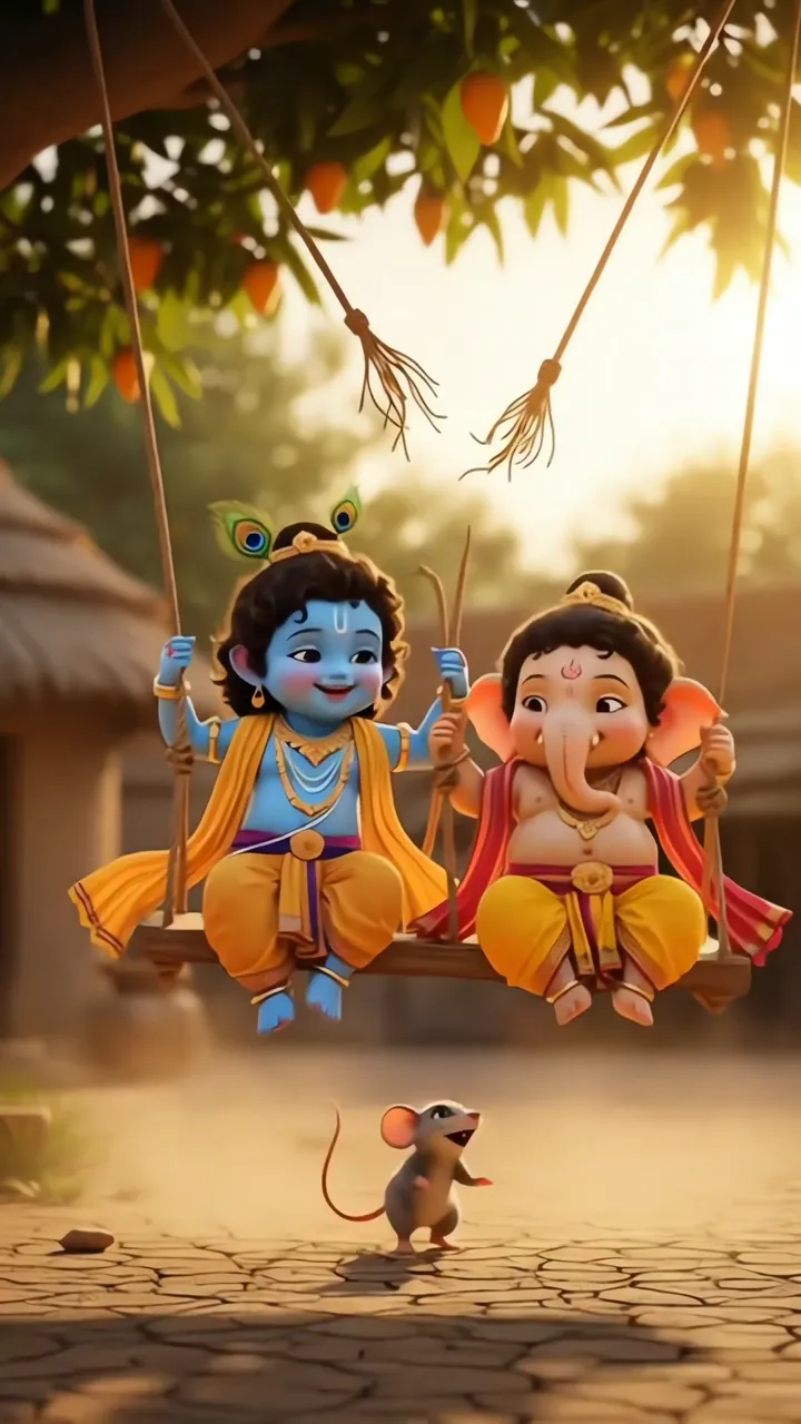 Radha Krishna And Ganesha Playing On Swing With Mouse