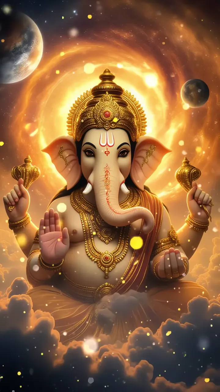 Ganesha Cosmic Lord With Golden Aura And Planets