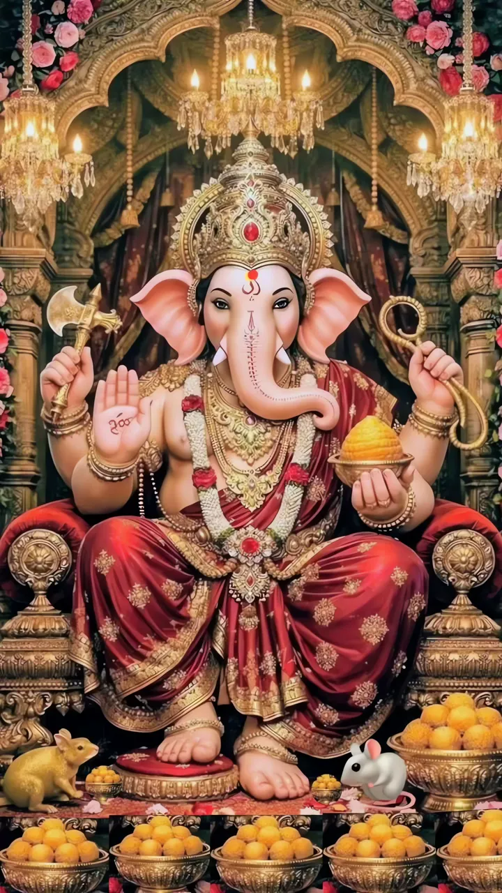 Ganesha With Mouse And Modak In Temple Scene