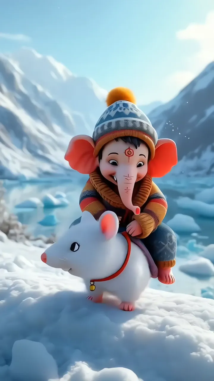 Cute Ganesha Riding White Rat In Snowy Mountain Landscape