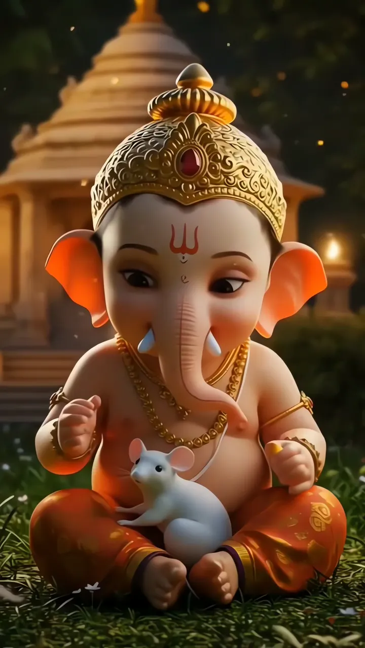 Cute Baby Ganesha With White Mouse And Golden Crown