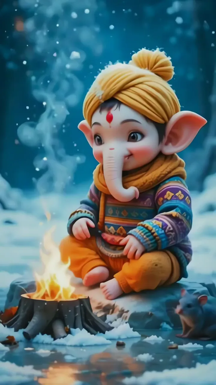 Cute Baby Ganesh Sitting By Warm Campfire In Snow
