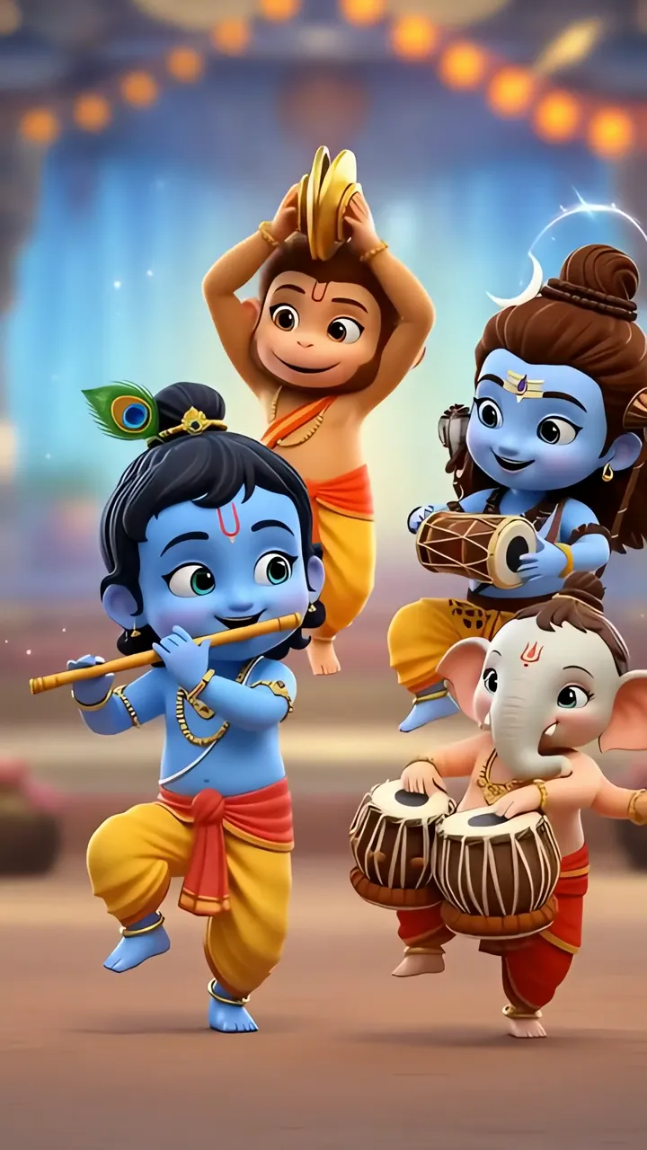 Radha Krishna And Hanuman Play Musical Instruments In Festival Celebration