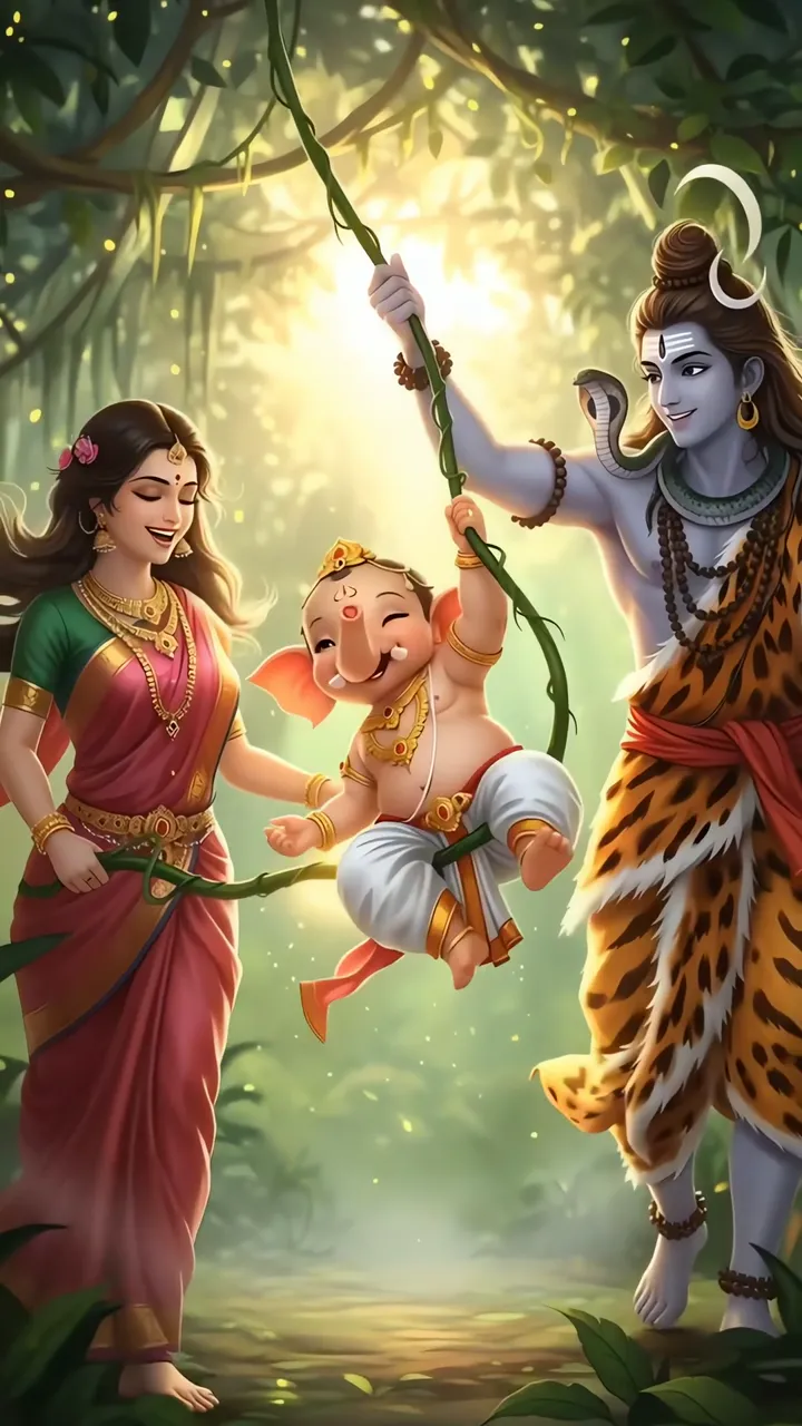 Baby Ganesha On Swing With Shiva And Parvati In Forest