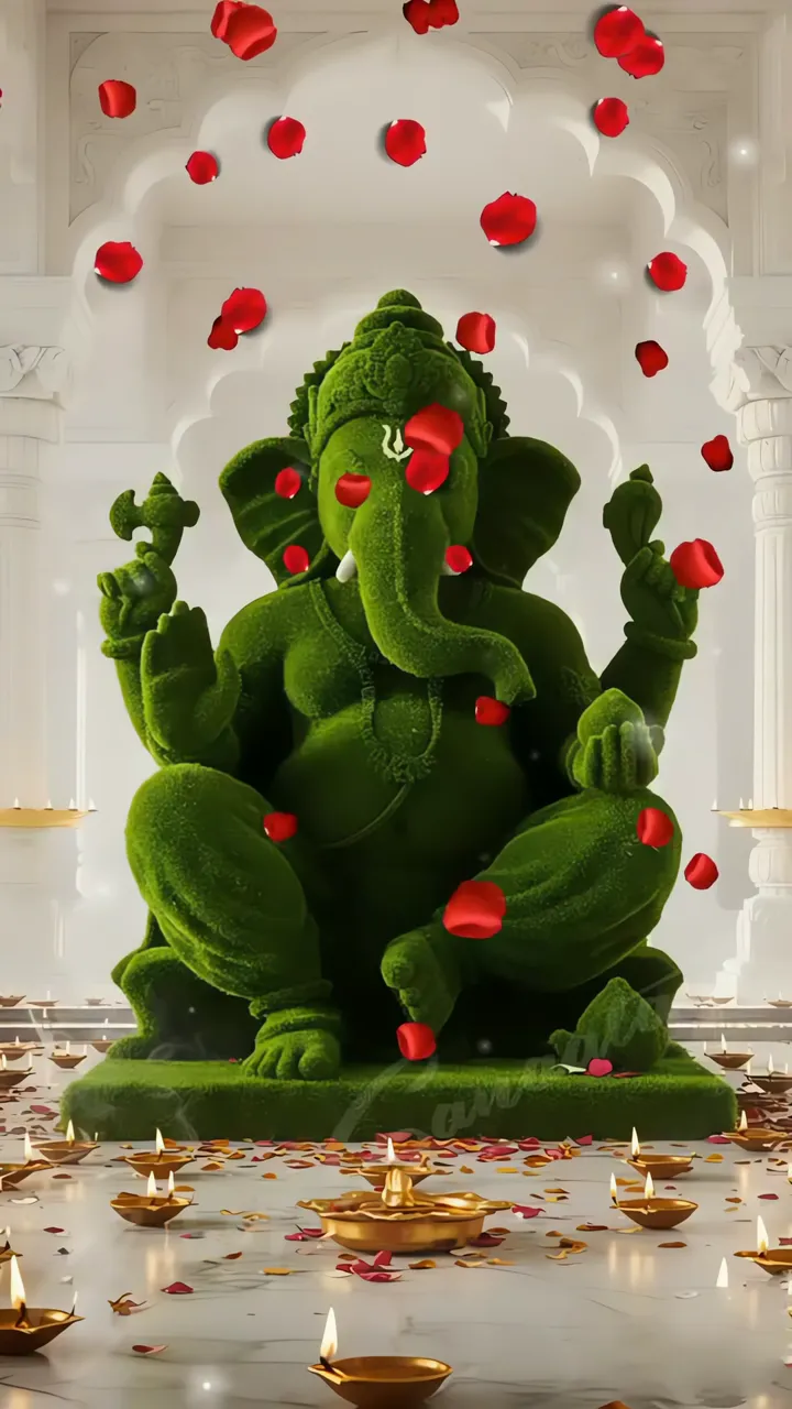 Ganpati Bappa Green Moss Statue With Falling Rose Petals