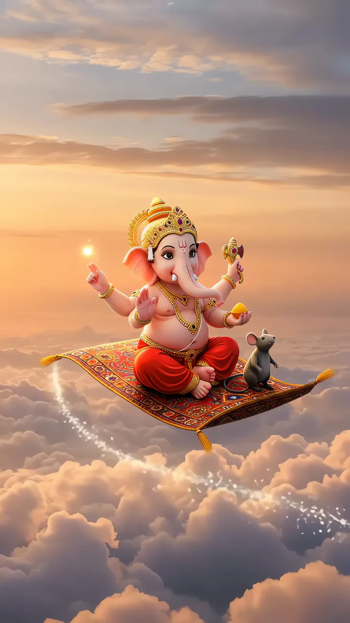 Ganesha Flying On Magic Carpet With Mouse Over Clouds