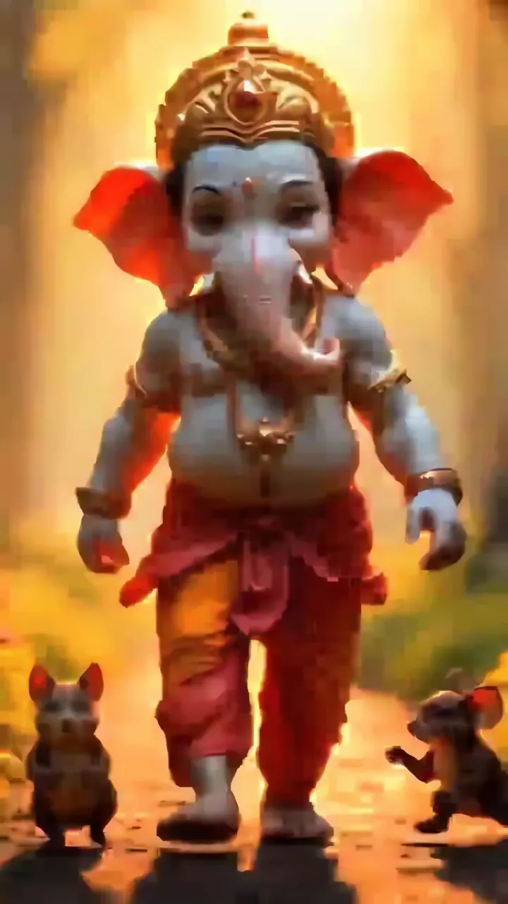 Ganesha With Red Ears And Golden Crown Walking With Mice