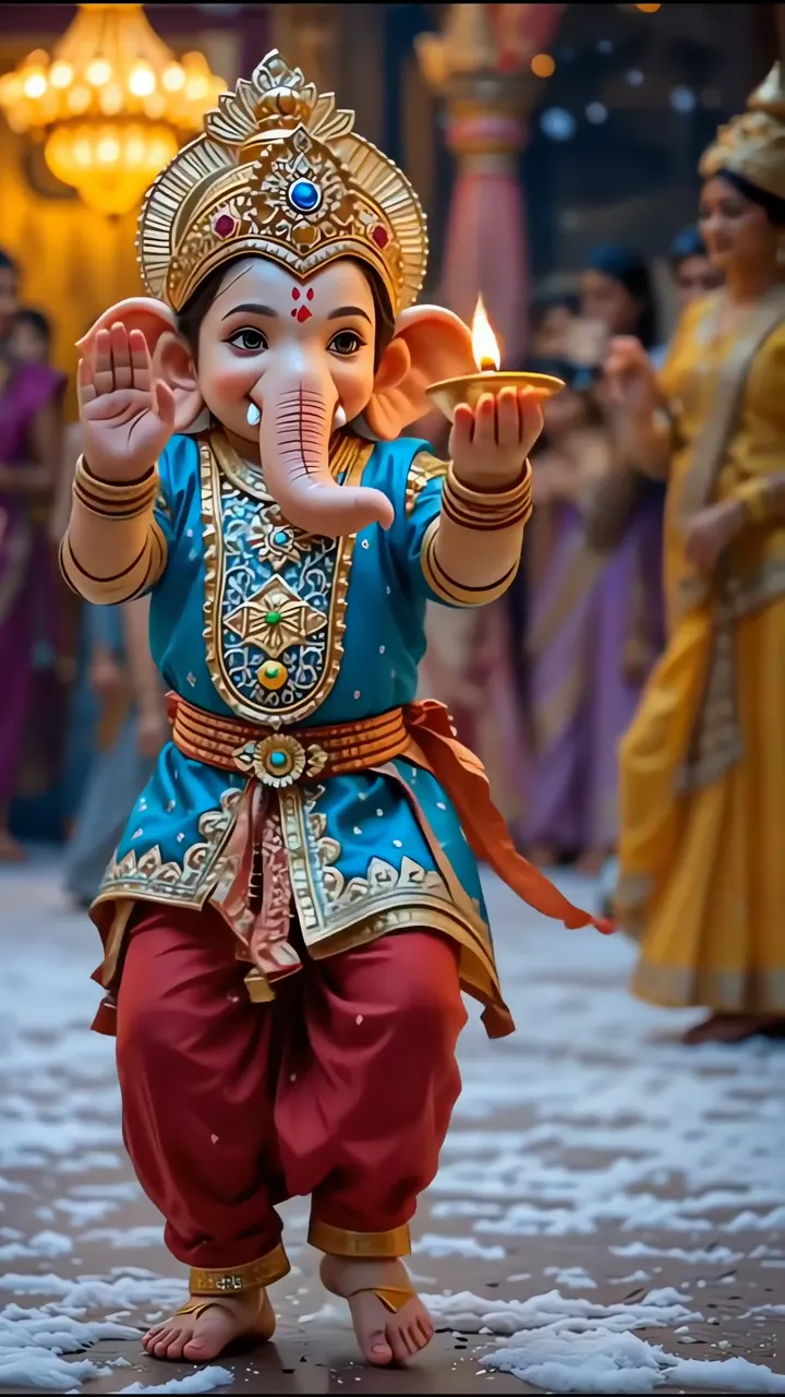 Ganesha With Diya And Golden Crown Ganesh Festival
