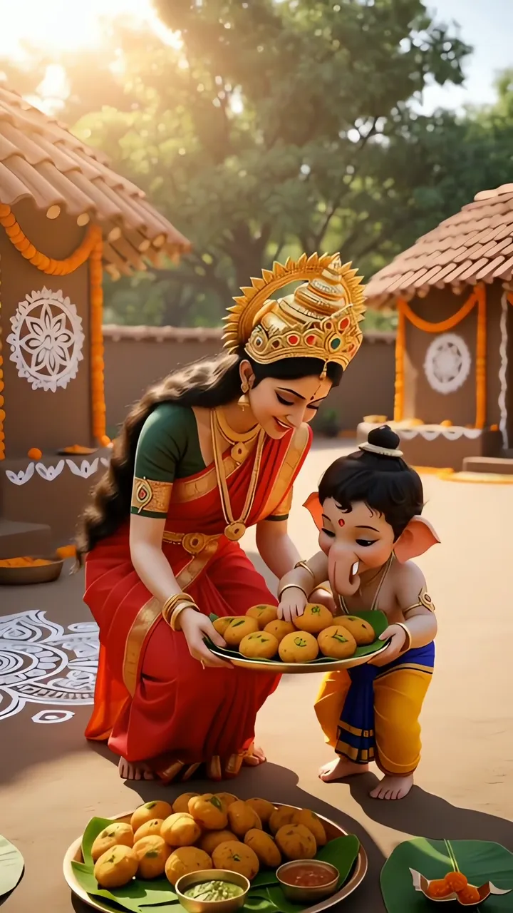 Ganesha And Devi Parvati Sharing Modak During Ganesh Chaturthi